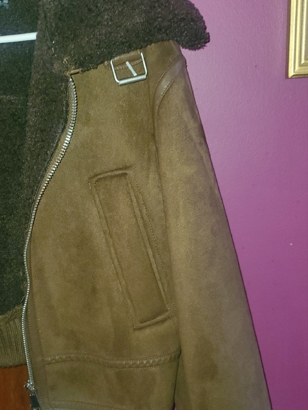 ZARA Dark Brown Shearling-Trim Bomber Jacket - Picture 5 of 9